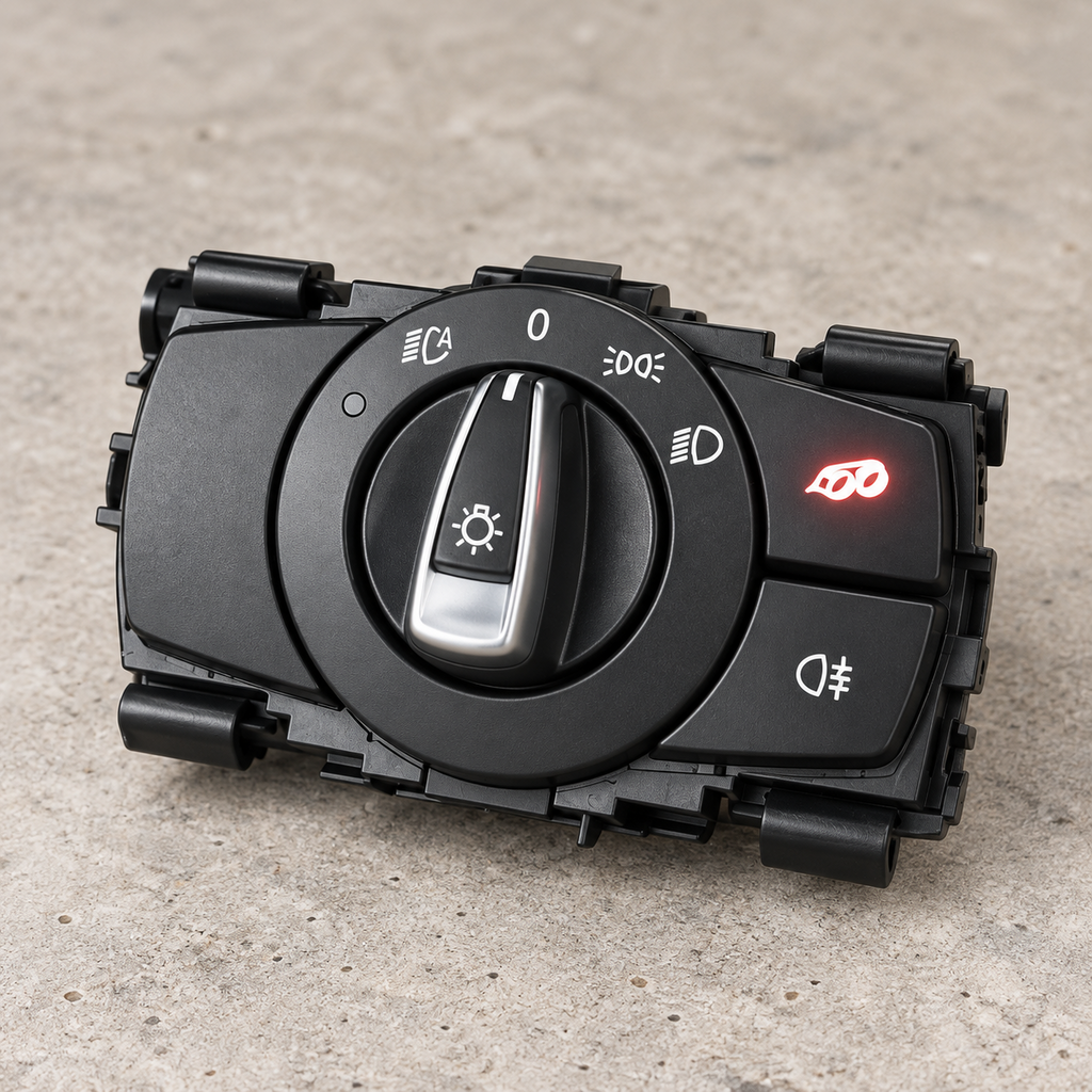 BMW E9X OEM-style lighting control panel with illuminated PB Valves exhaust button