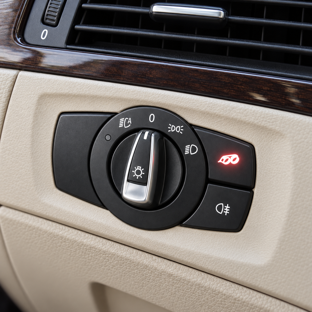 BMW E9X integrated exhaust valve button installed in beige dashboard