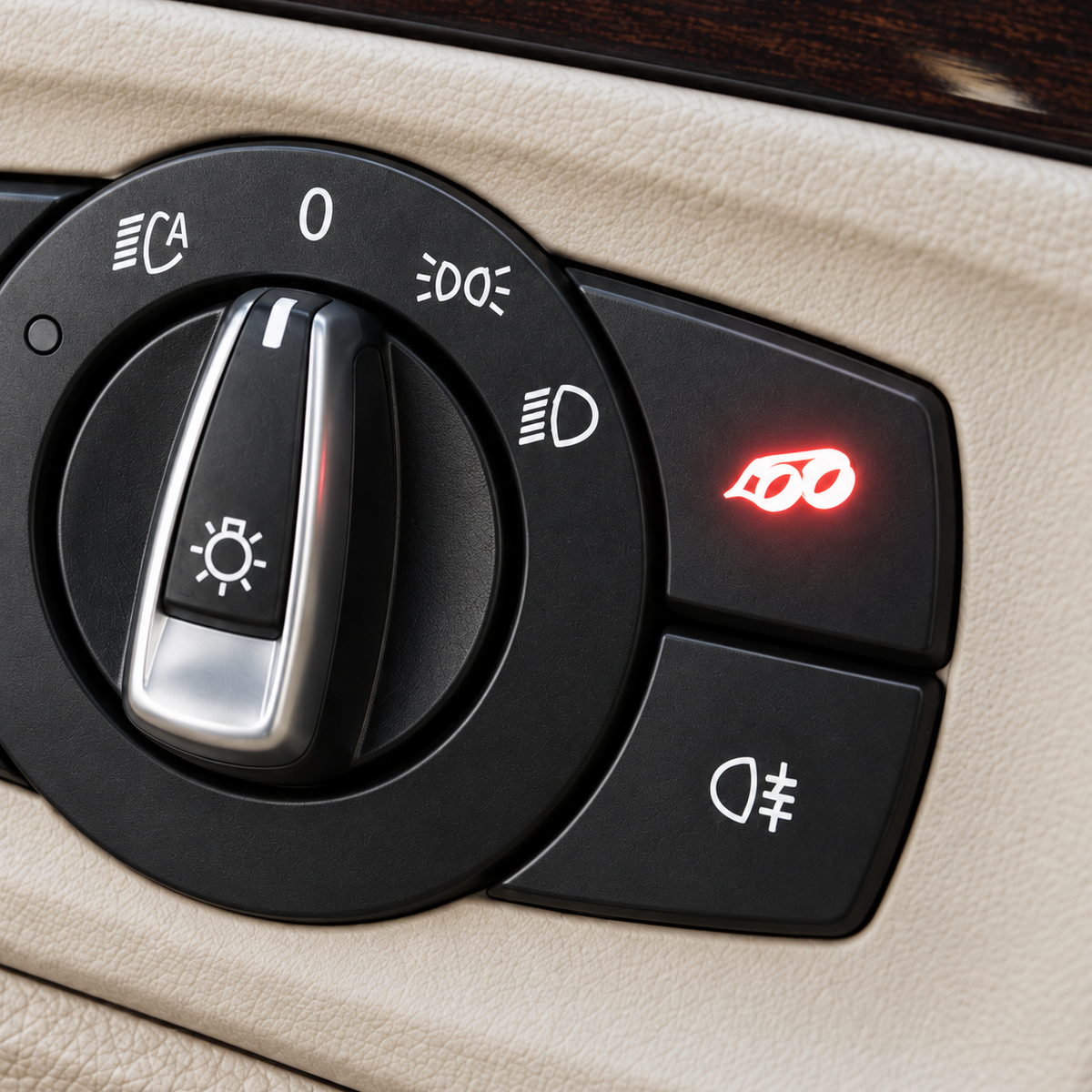 Close-up of BMW E9X integrated PB Valves exhaust control button